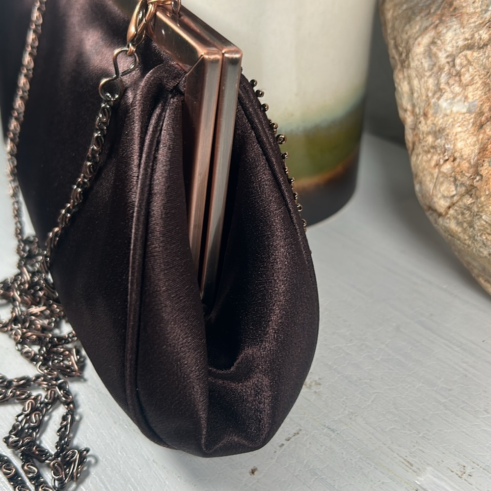 Carlo Fellini Beaded Kiss Lock Crossbody Clutch Wristlet 2 Chains Brown Copper - Picture 5 of 15